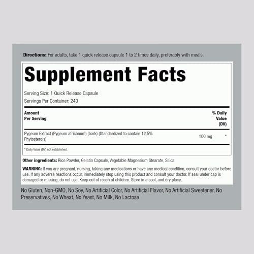 Piping Rock Pygeum 100 mg | 240 Kapseln | Extrakt aus Pygeum africanum Rinde | Standardisierte Phytosterine | Nahrungsergänzung für Männer & Frauen | Non-GMO & Glutenfrei