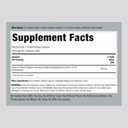 Piping Rock Pygeum 100 mg | 240 Kapseln | Extrakt aus Pygeum africanum Rinde | Standardisierte Phytosterine | Nahrungsergänzung für Männer & Frauen | Non-GMO & Glutenfrei