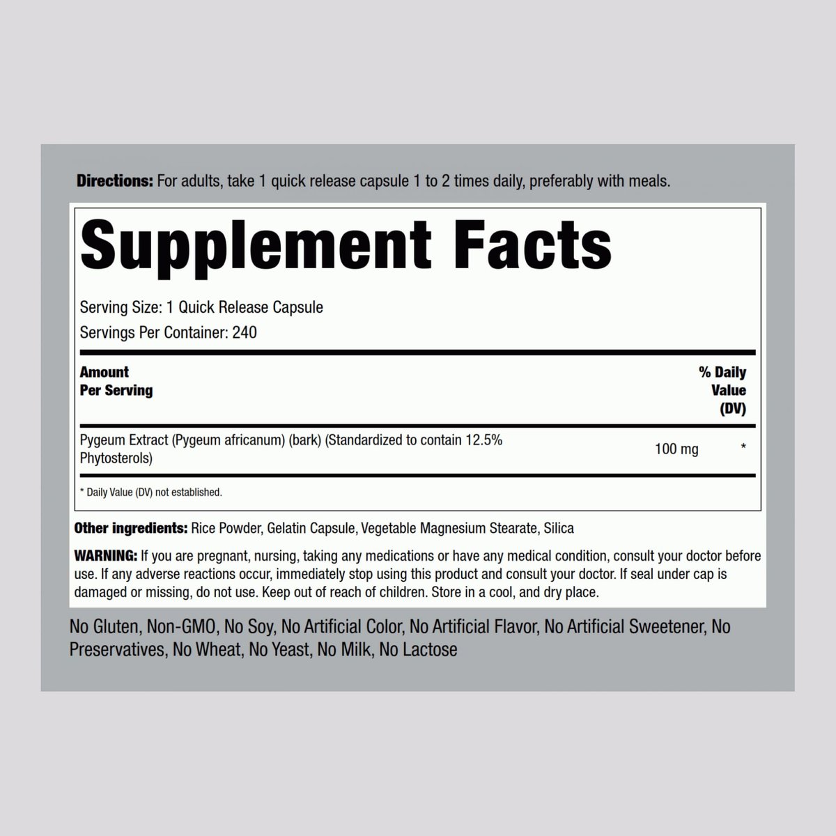 Piping Rock Pygeum 100 mg | 240 Kapseln | Extrakt aus Pygeum africanum Rinde | Standardisierte Phytosterine | Nahrungsergänzung für Männer & Frauen | Non-GMO & Glutenfrei