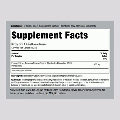 Piping Rock Pygeum 100 mg | 240 Kapseln | Extrakt aus Pygeum africanum Rinde | Standardisierte Phytosterine | Nahrungsergänzung für Männer & Frauen | Non-GMO & Glutenfrei