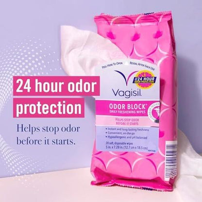 Vagisil Odor Block Tücher für tägliche Frische – 20 Tücher (3er-Pack) – Gynäkologisch getestet & hypoallergen