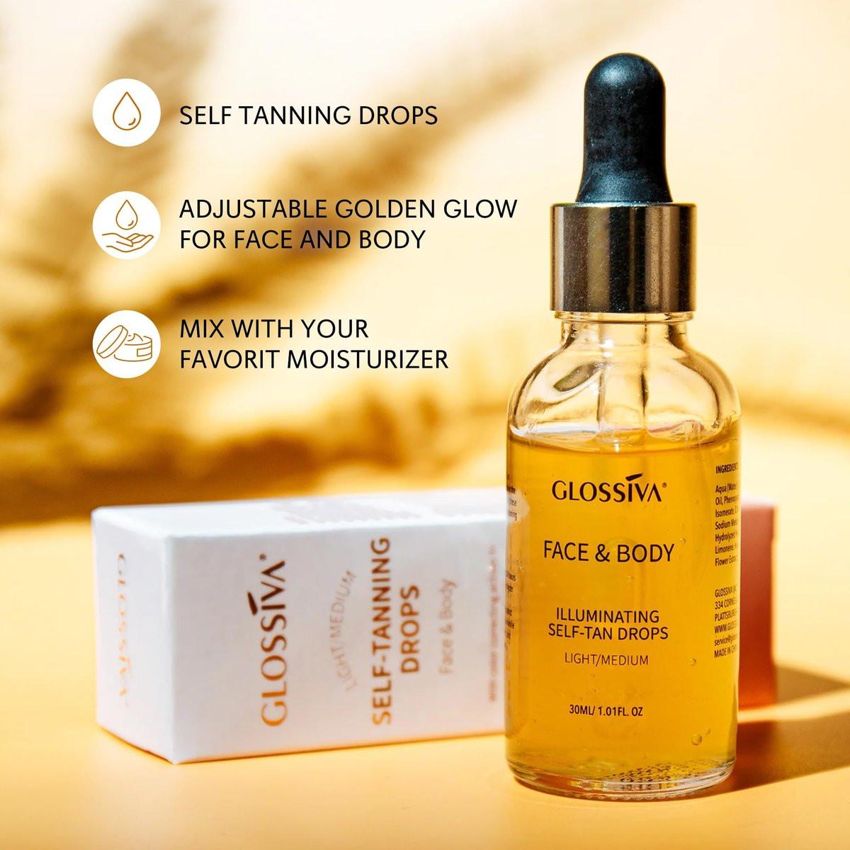 Glossiva Selbstbräuner-Tropfen – Sonnenlose Bräune für einen sonnengeküssten Teint – Beauty Hautselbstbräuner – Allmählicher Glow für Gesicht und Körper – Hält bis zu einer Woche, 30 ml