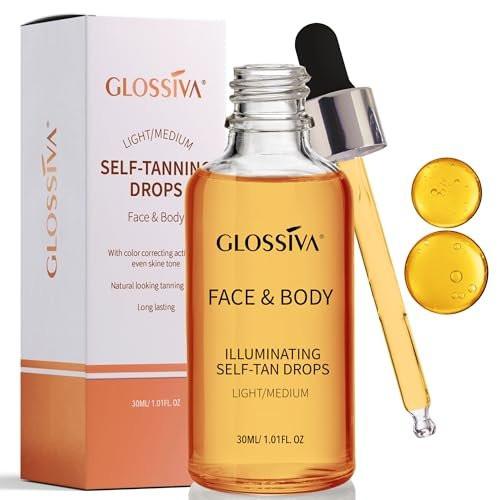 Glossiva Selbstbräuner-Tropfen – Sonnenlose Bräune für einen sonnengeküssten Teint – Beauty Hautselbstbräuner – Allmählicher Glow für Gesicht und Körper – Hält bis zu einer Woche, 30 ml