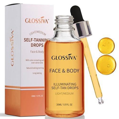 Glossiva Selbstbräuner-Tropfen – Sonnenlose Bräune für einen sonnengeküssten Teint – Beauty Hautselbstbräuner – Allmählicher Glow für Gesicht und Körper – Hält bis zu einer Woche, 30 ml