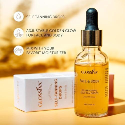 Glossiva Selbstbräuner-Tropfen – Sonnenlose Bräune für einen sonnengeküssten Teint – Beauty Hautselbstbräuner – Allmählicher Glow für Gesicht und Körper – Hält bis zu einer Woche, 30 ml