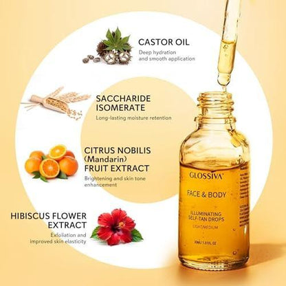 Glossiva Selbstbräuner-Tropfen – Sonnenlose Bräune für einen sonnengeküssten Teint – Beauty Hautselbstbräuner – Allmählicher Glow für Gesicht und Körper – Hält bis zu einer Woche, 30 ml