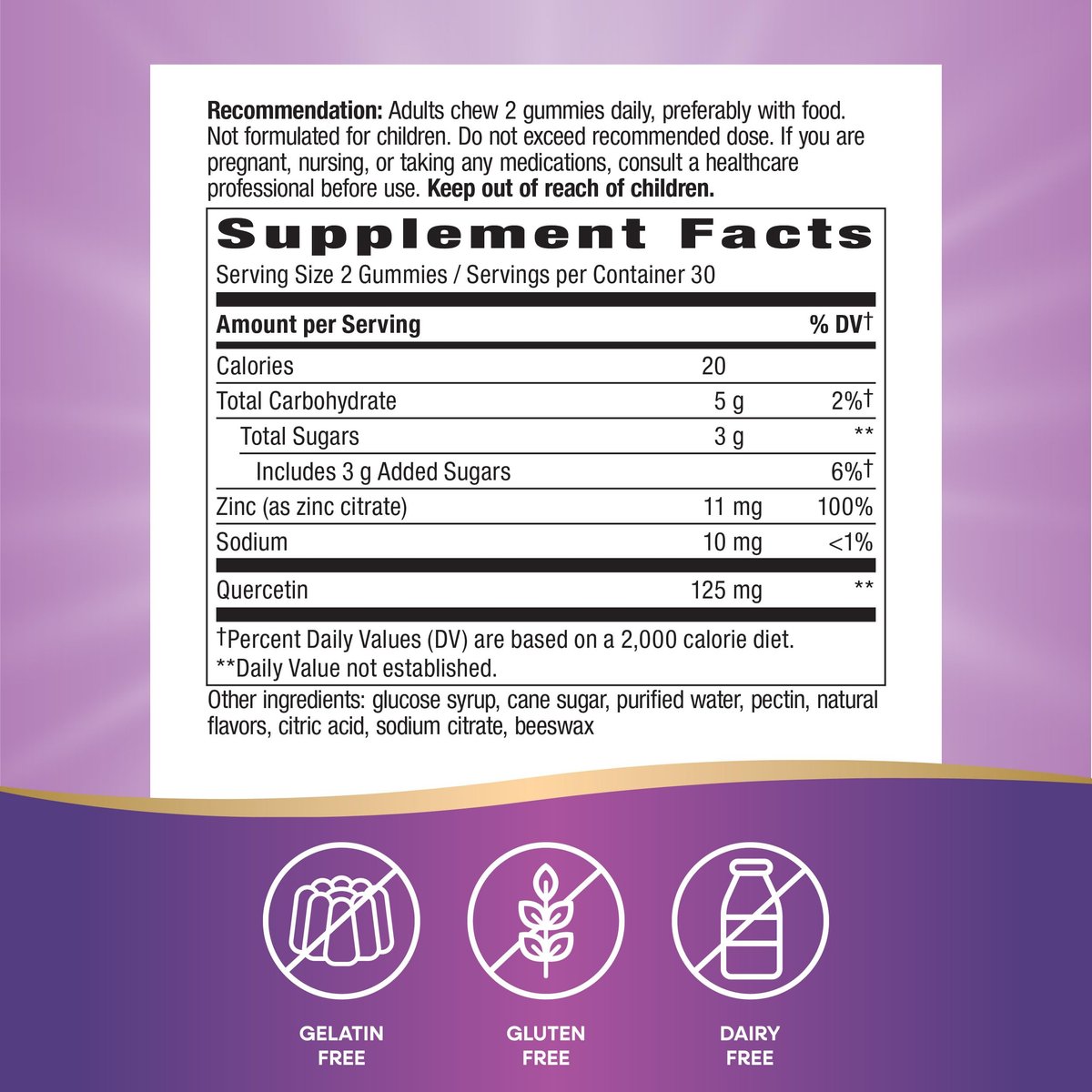 Nature's Way Quercetin Gummies mit Zink – Immunabwehr & Antioxidantien, Zitronengeschmack, 60 Gummis (Verpackung kann variieren)