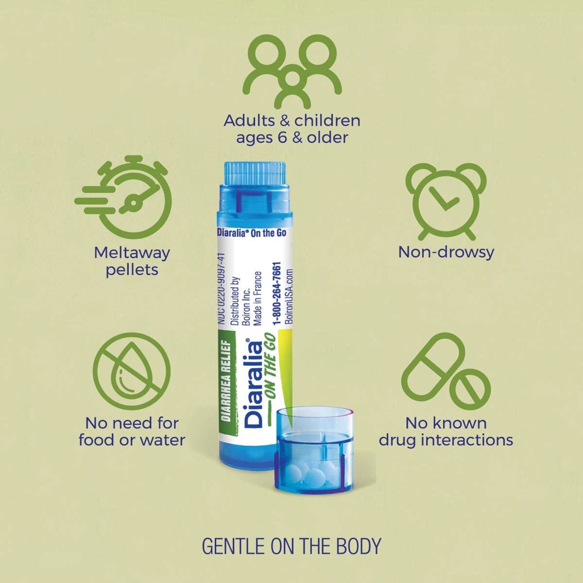 Boiron Diaralia On The Go – Reisedurchfallmittel gegen Durchfall, Blähungen, Bauchschmerzen und Reisedurchfall – 2 Packungen (160 Kügelchen)