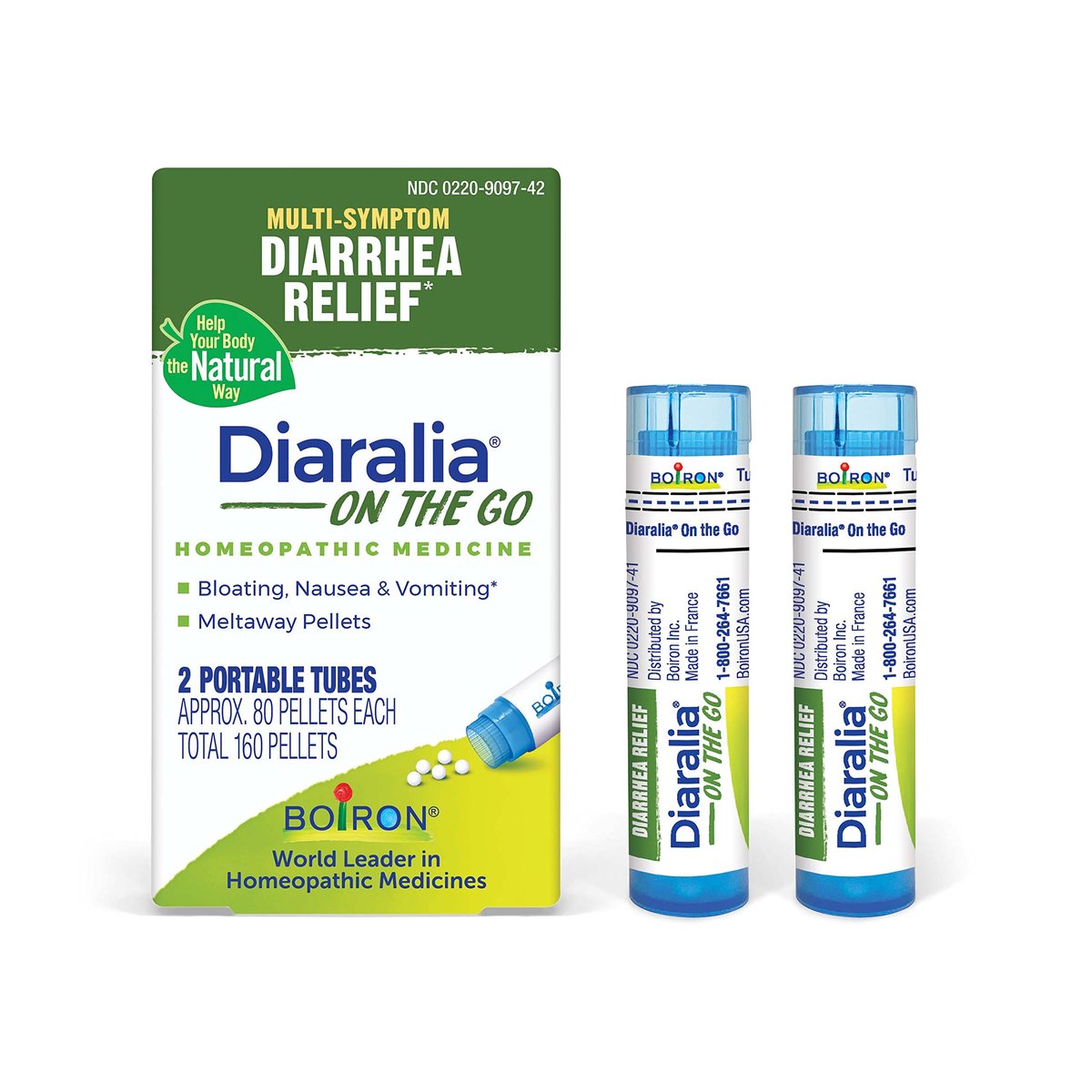 Boiron Diaralia On The Go – Reisedurchfallmittel gegen Durchfall, Blähungen, Bauchschmerzen und Reisedurchfall – 2 Packungen (160 Kügelchen)