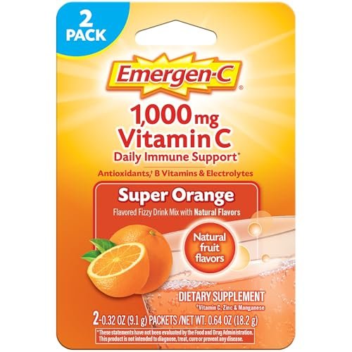 Emergen-C 1000 mg Vitamin C Pulver für tägliche Immununterstützung – Koffeinfrei, mit Zink, Mangan, B-Vitaminen und Elektrolyten, Geschmack Super Orange – 2er-Pack