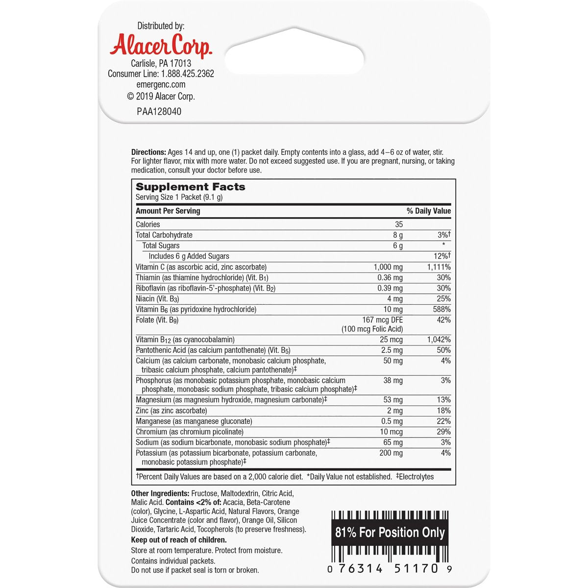 Emergen-C 1000 mg Vitamin C Pulver für tägliche Immununterstützung – Koffeinfrei, mit Zink, Mangan, B-Vitaminen und Elektrolyten, Geschmack Super Orange – 2er-Pack