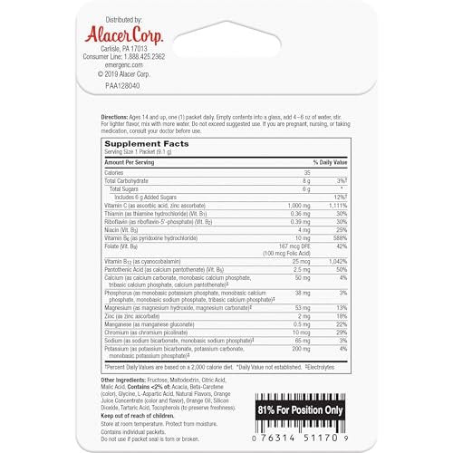Emergen-C 1000 mg Vitamin C Pulver für tägliche Immununterstützung – Koffeinfrei, mit Zink, Mangan, B-Vitaminen und Elektrolyten, Geschmack Super Orange – 2er-Pack