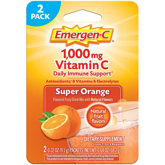 Emergen-C 1000 mg Vitamin C Pulver für tägliche Immununterstützung – Koffeinfrei, mit Zink, Mangan, B-Vitaminen und Elektrolyten, Geschmack Super Orange – 2er-Pack