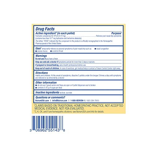 Boiron Hydrastis Canadensis 6C Homöopathisches Mittel gegen postnasalen Tropf, überschüssigen Schleim, kratzigen Hals – 3 Packungen (240 Kügelchen)