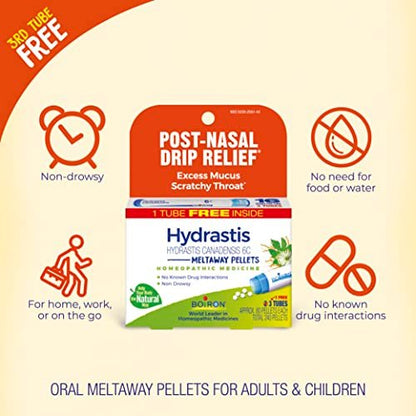 Boiron Hydrastis Canadensis 6C Homöopathisches Mittel gegen postnasalen Tropf, überschüssigen Schleim, kratzigen Hals – 3 Packungen (240 Kügelchen)