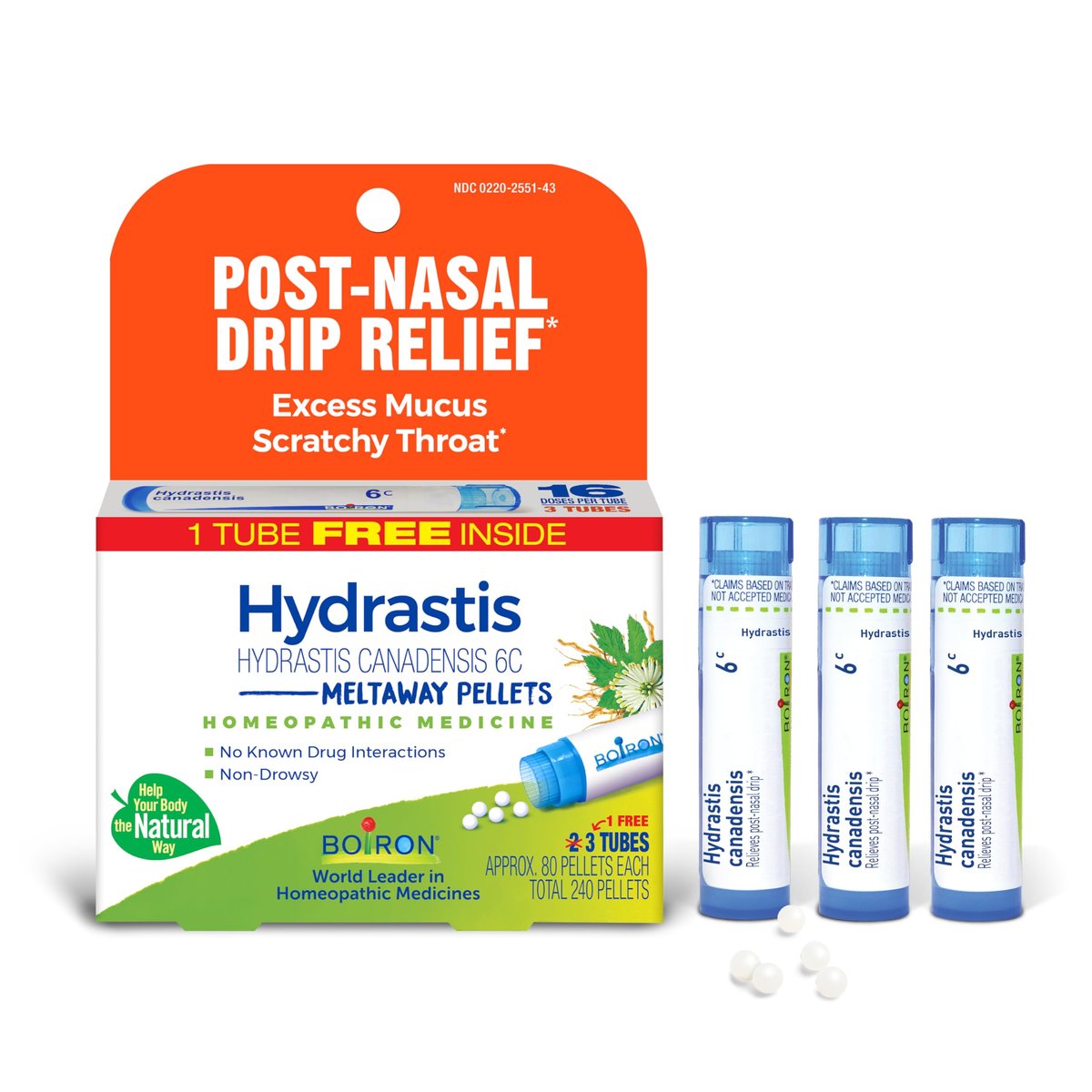 Boiron Hydrastis Canadensis 6C Homöopathisches Mittel gegen postnasalen Tropf, überschüssigen Schleim, kratzigen Hals – 3 Packungen (240 Kügelchen)