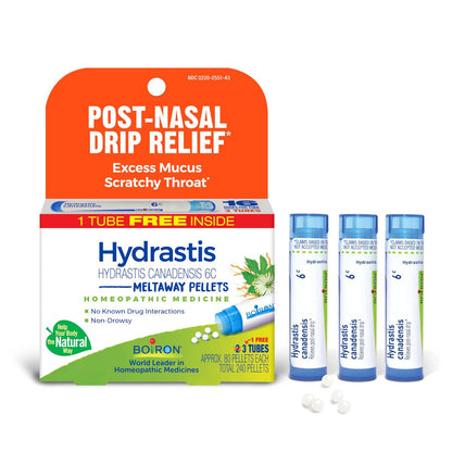 Boiron Hydrastis Canadensis 6C Homöopathisches Mittel gegen postnasalen Tropf, überschüssigen Schleim, kratzigen Hals – 3 Packungen (240 Kügelchen)