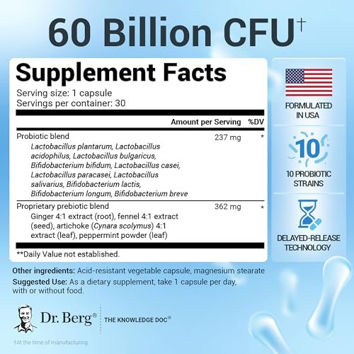Dr. Berg Probiotisches Nahrungsergänzungsmittel (60 Milliarden KBE) – Hilft bei gelegentlicher Verstopfung, Durchfall, Blähungen & Völlegefühl* – Prä- und Probiotika für die Verdauungsgesundheit – 30 Probiotika-Kapseln