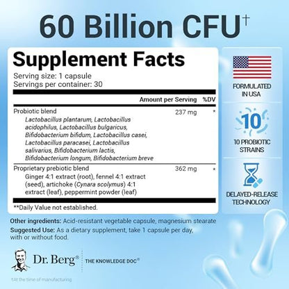 Dr. Berg Probiotisches Nahrungsergänzungsmittel (60 Milliarden KBE) – Hilft bei gelegentlicher Verstopfung, Durchfall, Blähungen & Völlegefühl* – Prä- und Probiotika für die Verdauungsgesundheit – 30 Probiotika-Kapseln