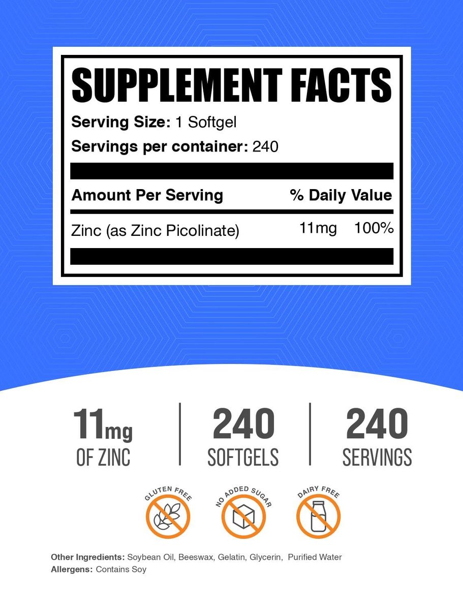 BulkSupplements.com Zinkpicolinat Weichkapseln – Zink 11 mg, Immununterstützung, glutenfrei – 1 Kapsel pro Portion, 240 Stück (1er Pack)