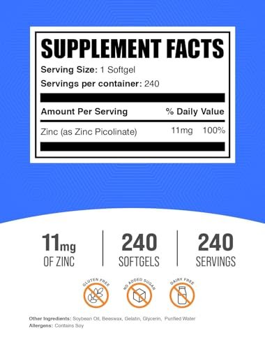 BulkSupplements.com Zinkpicolinat Weichkapseln – Zink 11 mg, Immununterstützung, glutenfrei – 1 Kapsel pro Portion, 240 Stück (1er Pack)