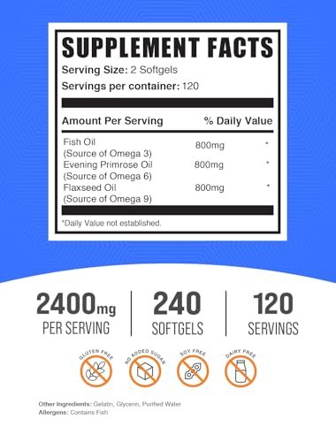 BulkSupplements.com Omega 3-6-9 Softgels – Triple Omega Supplement aus Leinsamen, Nachtkerzenöl & Fischöl – 2 Softgels pro Portion, 240 Stück