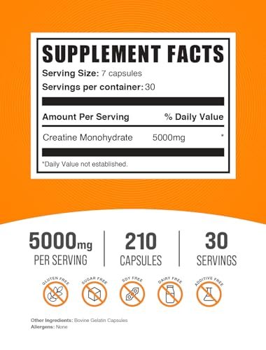 BulkSupplements.com Kreatin-Monohydrat Kapseln – Mikronisiertes Kreatin-Monohydrat, Sporternährung – 7 Kapseln pro Portion, 5000 mg, glutenfrei, 210 Stück (1er-Pack)