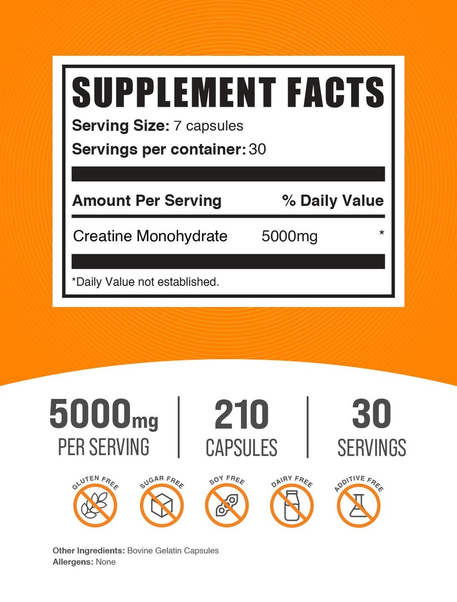 BulkSupplements.com Kreatin-Monohydrat Kapseln – Mikronisiertes Kreatin-Monohydrat, Sporternährung – 7 Kapseln pro Portion, 5000 mg, glutenfrei, 210 Stück (1er-Pack)