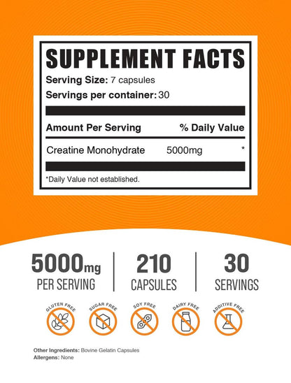 BulkSupplements.com Kreatin-Monohydrat Kapseln – Mikronisiertes Kreatin-Monohydrat, Sporternährung – 7 Kapseln pro Portion, 5000 mg, glutenfrei, 210 Stück (1er-Pack)