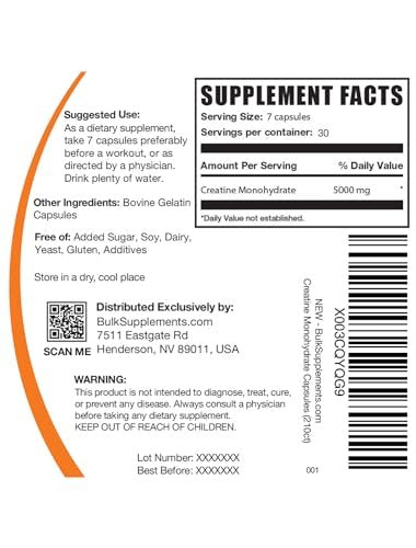 BulkSupplements.com Kreatin-Monohydrat Kapseln – Mikronisiertes Kreatin-Monohydrat, Sporternährung – 7 Kapseln pro Portion, 5000 mg, glutenfrei, 210 Stück (1er-Pack)
