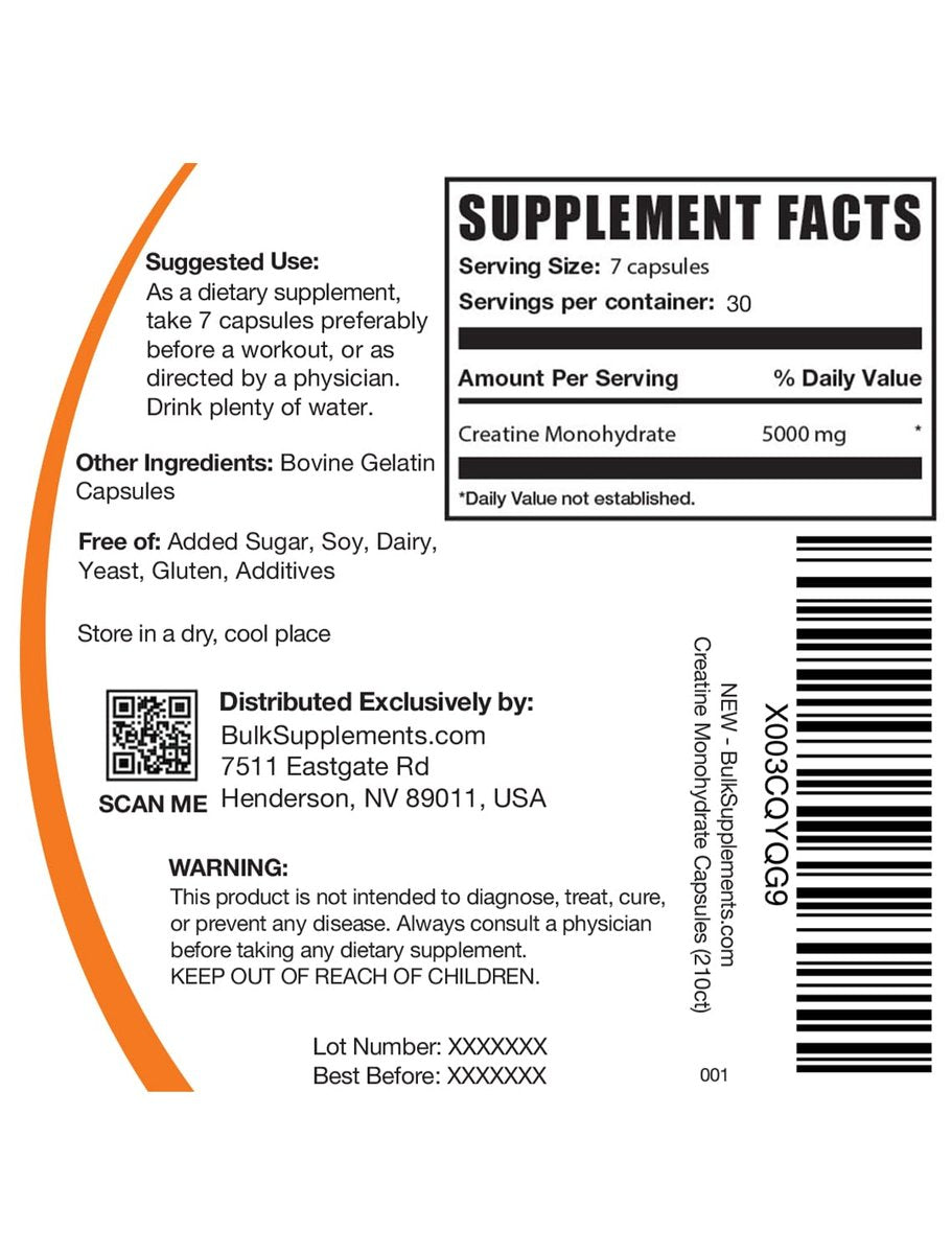 BulkSupplements.com Kreatin-Monohydrat Kapseln – Mikronisiertes Kreatin-Monohydrat, Sporternährung – 7 Kapseln pro Portion, 5000 mg, glutenfrei, 210 Stück (1er-Pack)