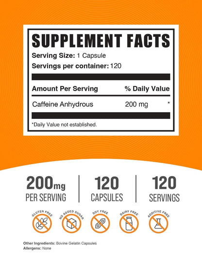 BulkSupplements.com Koffein 200mg Kapseln - Nahrungsergänzungsmittel für Energieboost, Koffein Pillen 200mg - Glutenfrei, 1 Kapsel pro Portion, 120 Stück (1er Pack)