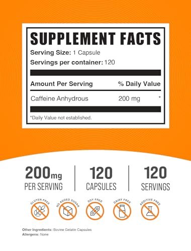 BulkSupplements.com Koffein 200mg Kapseln - Nahrungsergänzungsmittel für Energieboost, Koffein Pillen 200mg - Glutenfrei, 1 Kapsel pro Portion, 120 Stück (1er Pack)