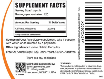 BulkSupplements.com Koffein 200mg Kapseln - Nahrungsergänzungsmittel für Energieboost, Koffein Pillen 200mg - Glutenfrei, 1 Kapsel pro Portion, 120 Stück (1er Pack)