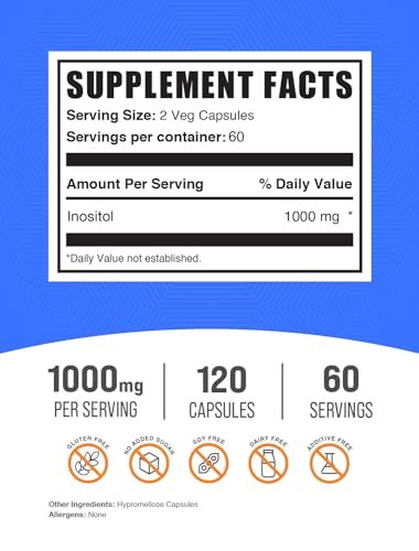 BulkSupplements.com Inositol Kapseln - Vitamin B8, 1000mg Inositol für das allgemeine Wohlbefinden - Glutenfrei, 2 Kapseln pro Portion, 120 Stück (1er Pack)