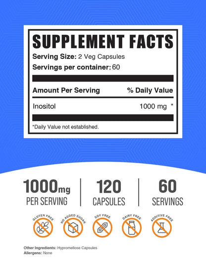BulkSupplements.com Inositol Kapseln - Vitamin B8, 1000mg Inositol für das allgemeine Wohlbefinden - Glutenfrei, 2 Kapseln pro Portion, 120 Stück (1er Pack)