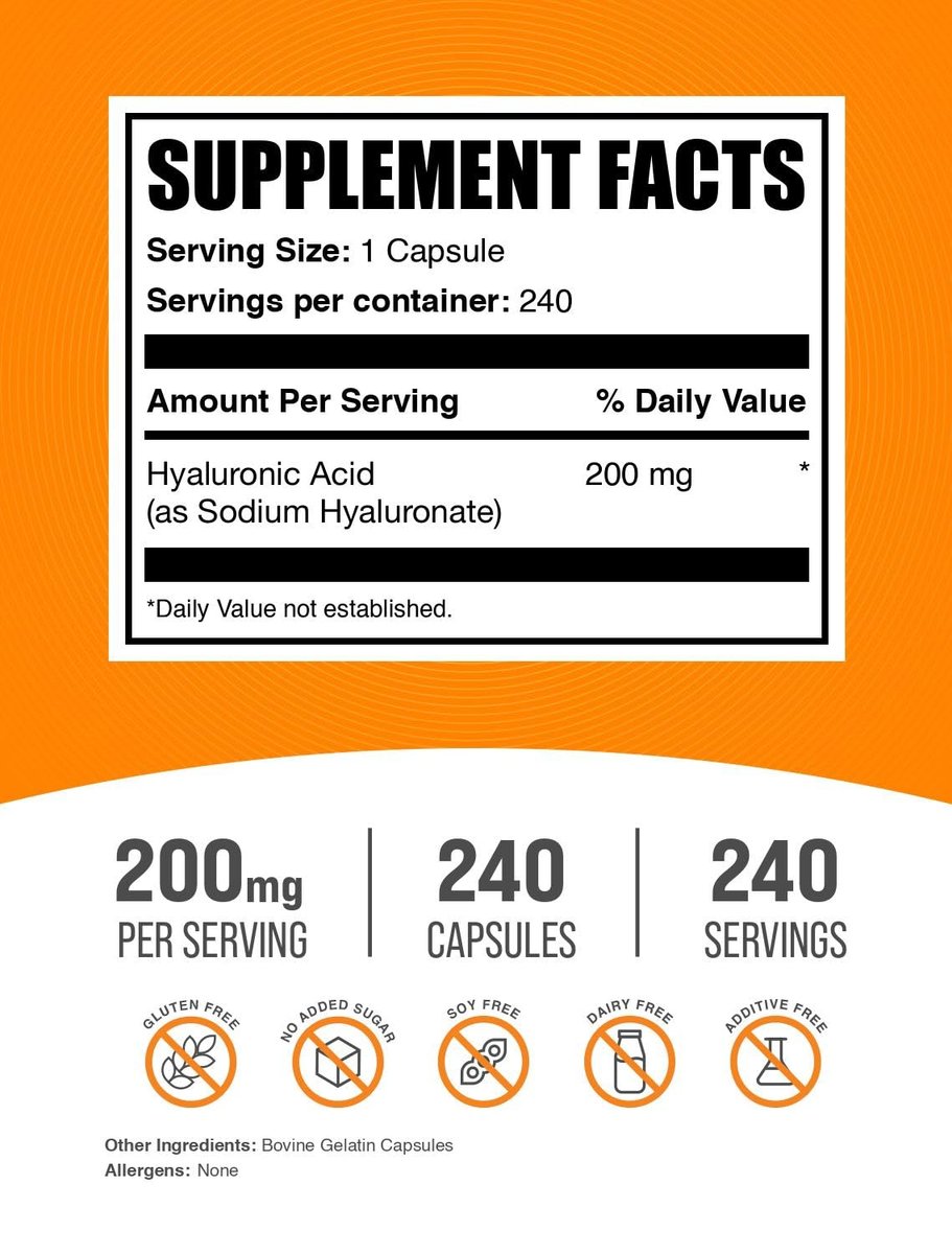 BulkSupplements.com Hyaluronsäure Kapseln 200 mg – 240 Kapseln, rein & glutenfrei, 1 Kapsel pro Portion