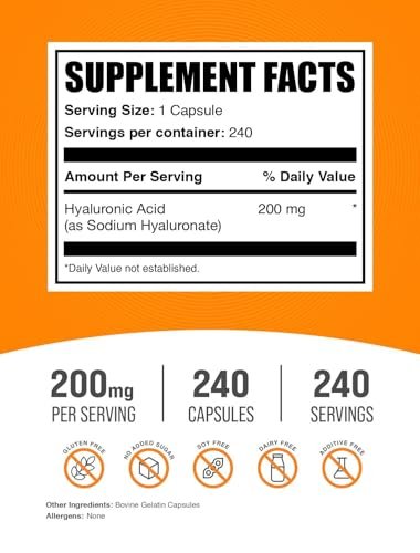 BulkSupplements.com Hyaluronsäure Kapseln 200 mg – 240 Kapseln, rein & glutenfrei, 1 Kapsel pro Portion