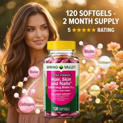 Spring Valley Extra Strength Haar, Haut & Nägel Nahrungsergänzungsmittel 120 Kapseln mit 5000 mcg Biotin