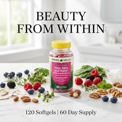 Spring Valley Extra Strength Haar, Haut & Nägel Nahrungsergänzungsmittel 120 Kapseln mit 5000 mcg Biotin