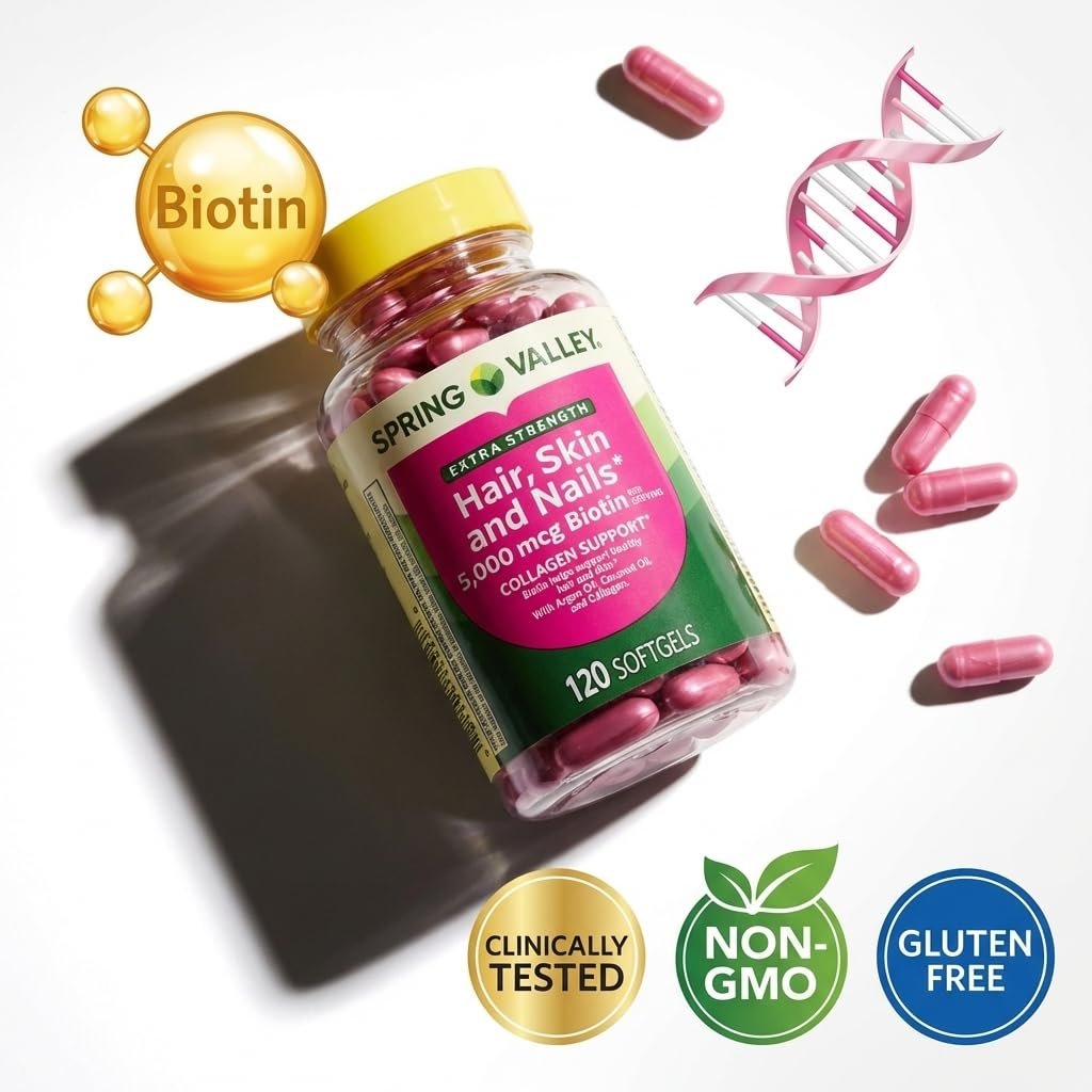 Spring Valley Extra Strength Haar, Haut & Nägel Nahrungsergänzungsmittel 120 Kapseln mit 5000 mcg Biotin