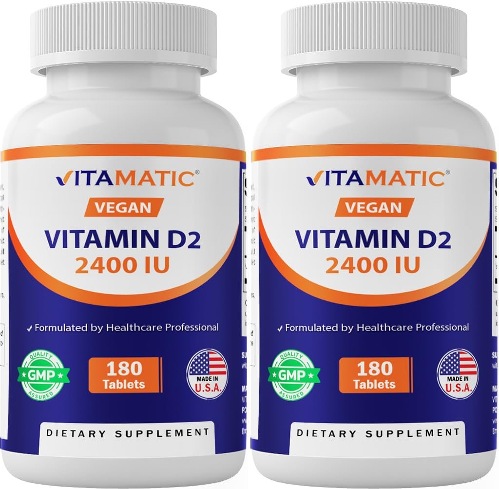 Vitamatic Vitamin D2 60 mcg (2400 IE) - Ergocalciferol - 180 Vegetarische Tabletten (2 Flaschen)