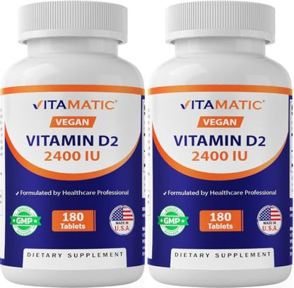 Vitamatic Vitamin D2 60 mcg (2400 IE) - Ergocalciferol - 180 Vegetarische Tabletten (2 Flaschen)