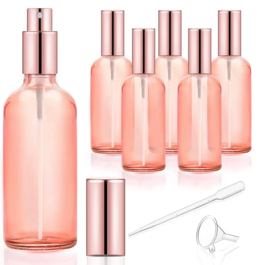 6er-Pack 100 ml Rosa Glas Sprühflaschen – Leere Parfüm-Feinsprühflasche, nachfüllbare Reisebehälter für Reinigungsmittel, ätherische Öle, Körpersprays – Roségold Zerstäuber