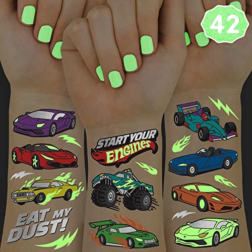 xo, Fetti Cars Glow in Dark Temporäre Tattoos - 42 Stück | Monster Truck Geburtstagsparty-Zubehör, Rennwagen-Geschenke