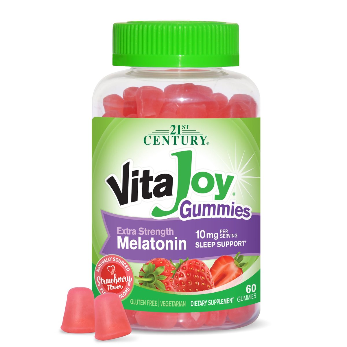 VitaJoy Melatonin Gummies 10 mg Extra Strength – Einschlafhilfe, Erdbeergeschmack, Pektin-basiert, vegetarisch, glutenfrei, 60 Gummis (30 Portionen)