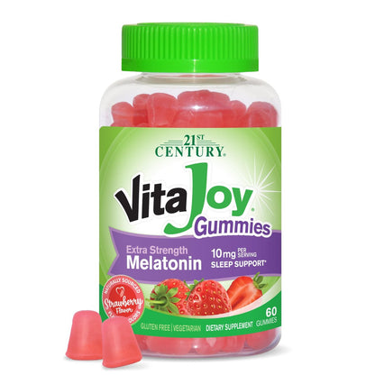 VitaJoy Melatonin Gummies 10 mg Extra Strength – Einschlafhilfe, Erdbeergeschmack, Pektin-basiert, vegetarisch, glutenfrei, 60 Gummis (30 Portionen)