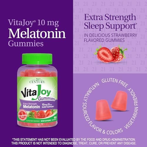 VitaJoy Melatonin Gummies 10 mg Extra Strength – Einschlafhilfe, Erdbeergeschmack, Pektin-basiert, vegetarisch, glutenfrei, 60 Gummis (30 Portionen)