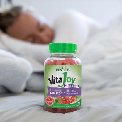 VitaJoy Melatonin Gummies 10 mg Extra Strength – Einschlafhilfe, Erdbeergeschmack, Pektin-basiert, vegetarisch, glutenfrei, 60 Gummis (30 Portionen)