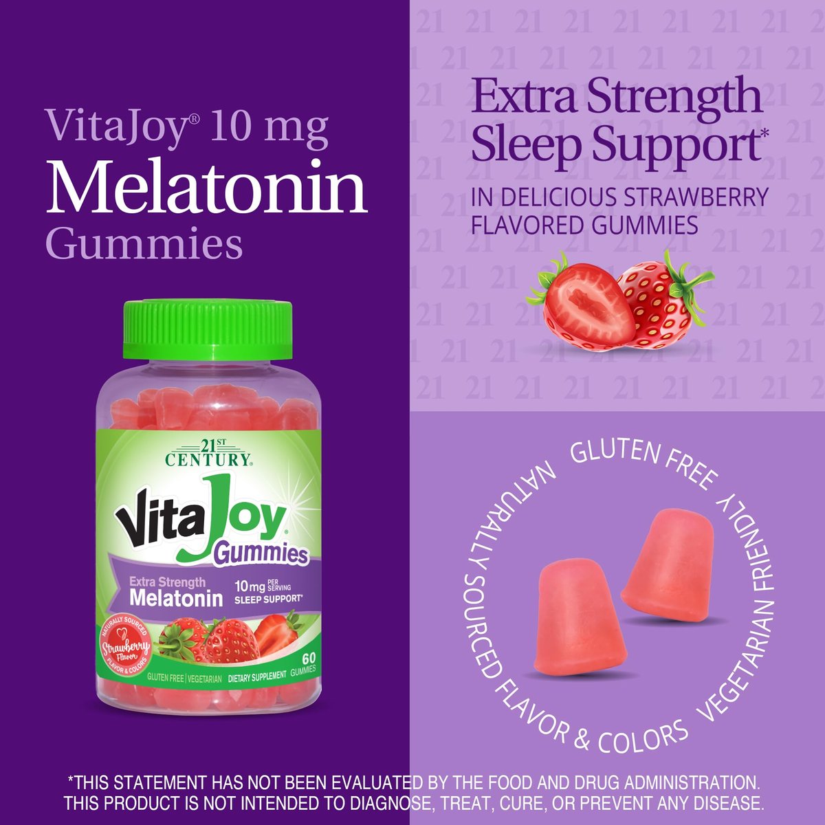 VitaJoy Melatonin Gummies 10 mg Extra Strength – Einschlafhilfe, Erdbeergeschmack, Pektin-basiert, vegetarisch, glutenfrei, 60 Gummis (30 Portionen)